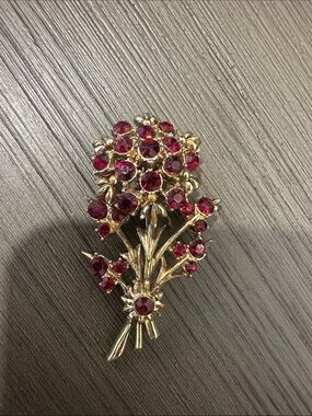 Gold-Tone Floral Bouquet Brooch with Deep Pink Crystal Accents